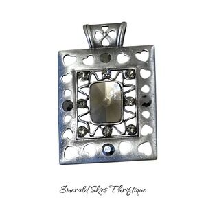 Vtg Silver Tone Filigree Pendant Gray Rhinestone‎ Square open heart free ship